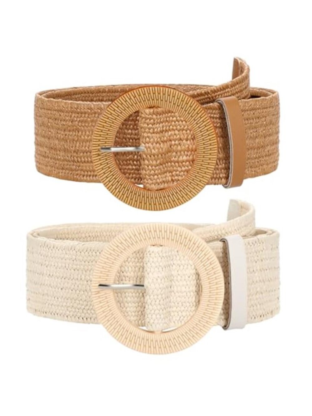 2 Pack Straw Woven Elastic Belt Braided Stretch Wide Boho Waist Belt,Brown Beige